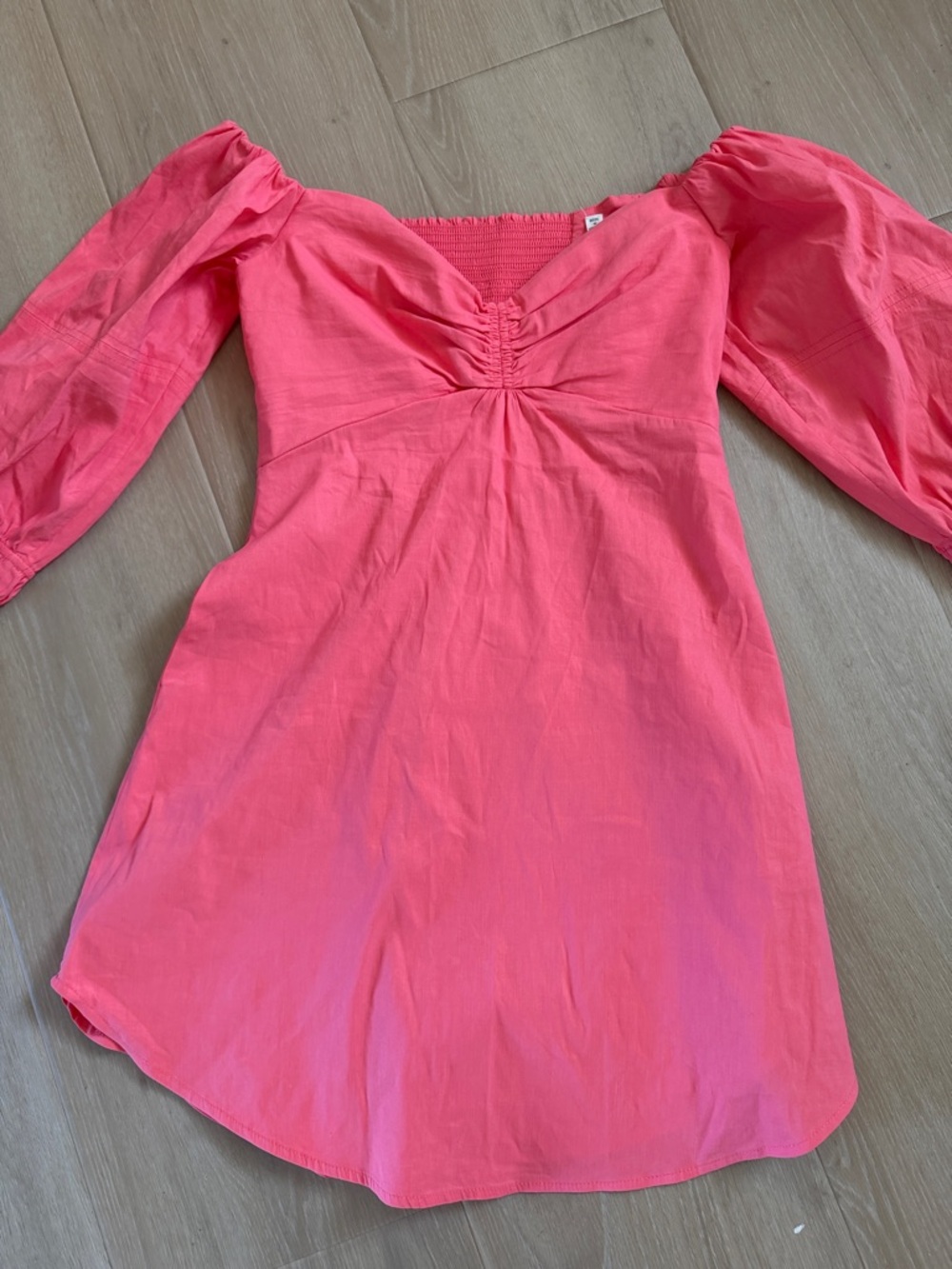 A.L.C. Mila Off Shoulder Puff Sleeve Mini Dress Coral 6 Flaw Ruched Sweetheart - Picture 4 of 9